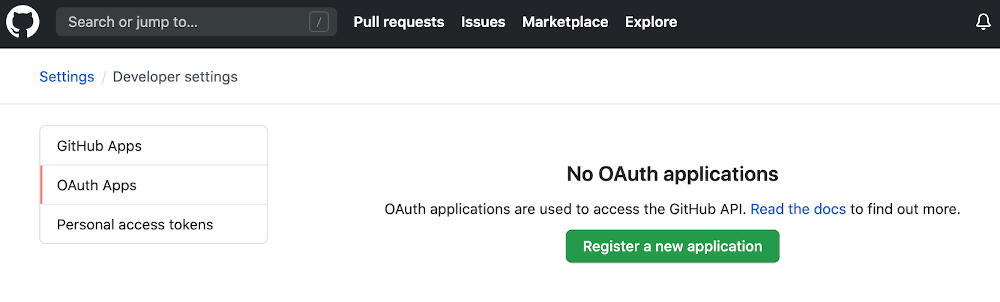 screenshot of the No OAuth applications page