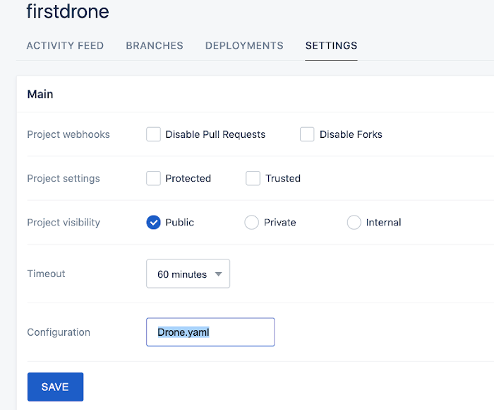 screenshot of config menu where you type in "Drone.yaml" in the Configuration field