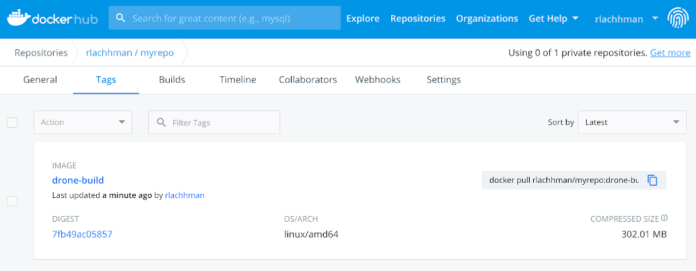 screenshot of docker hub showing the successful build