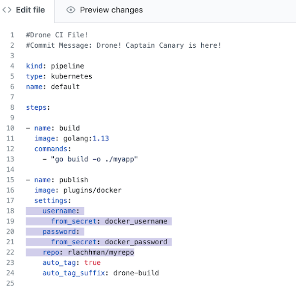 screenshot of Drone.yaml file including the docker plugin code