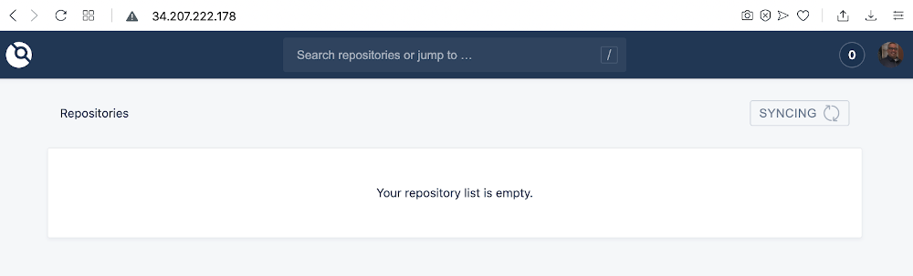 screenshot of an empty repo list