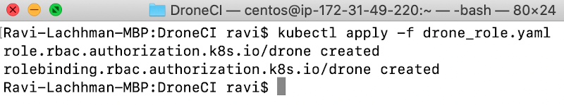 screenshot of command line run code kubectl apply -f drone_role.yaml