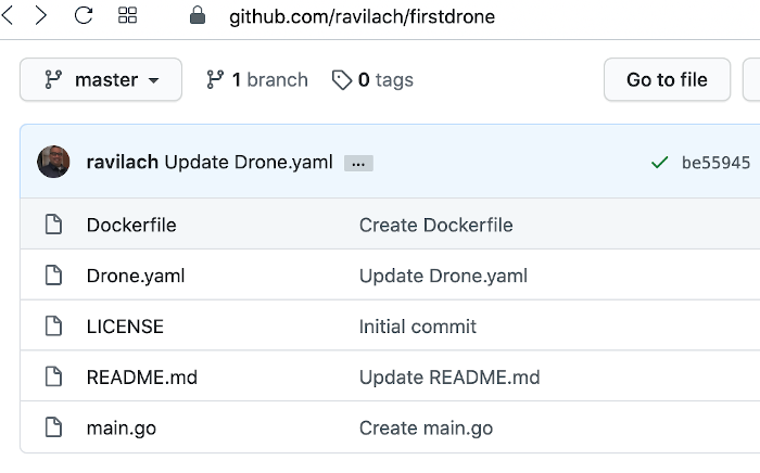 screenshot of GitHub project structure including: Dockerfile, Drone.yaml, LISCENSE, README.md and main.go