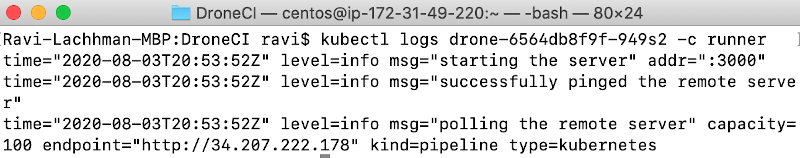 screenshot log command kubectl logs drone-6564db8f9f-949s2 -c runner
