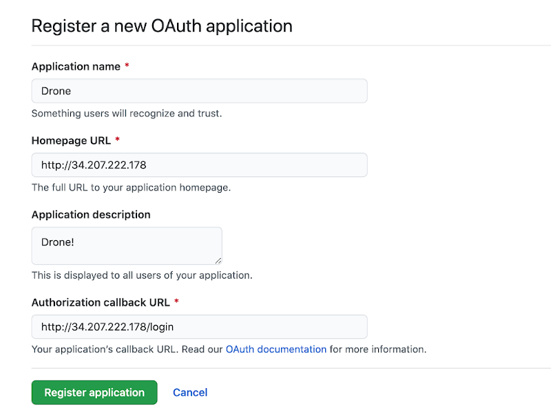 Screenshot of the filled in OAuth application form