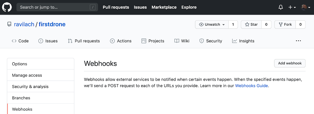 screenshot of the GitHub empty webhooks page