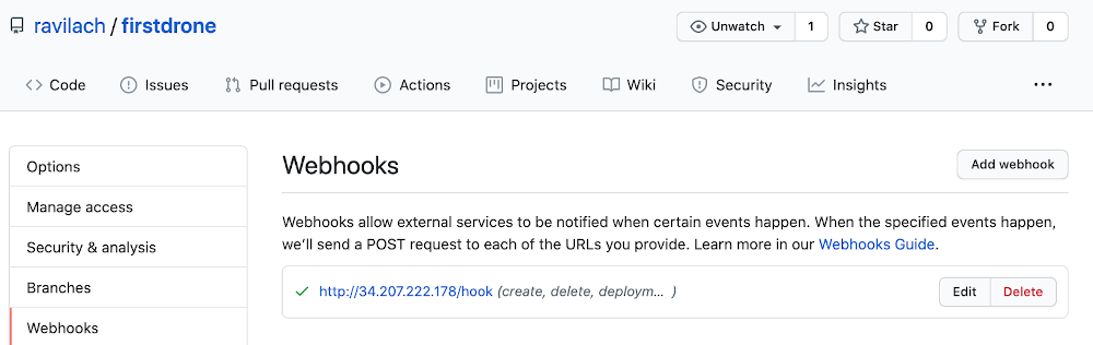 screenshot of GitHub webhooks page with new hook